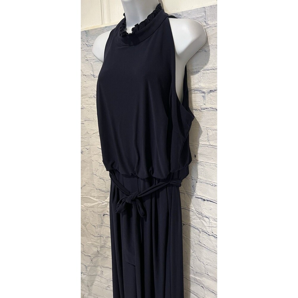 VINCE CAMUTO SLEEVELESS HALTER RUFFLE NECK NAVY BLUE BELTED JUMPSUIT 16W - Picture 3 of 8